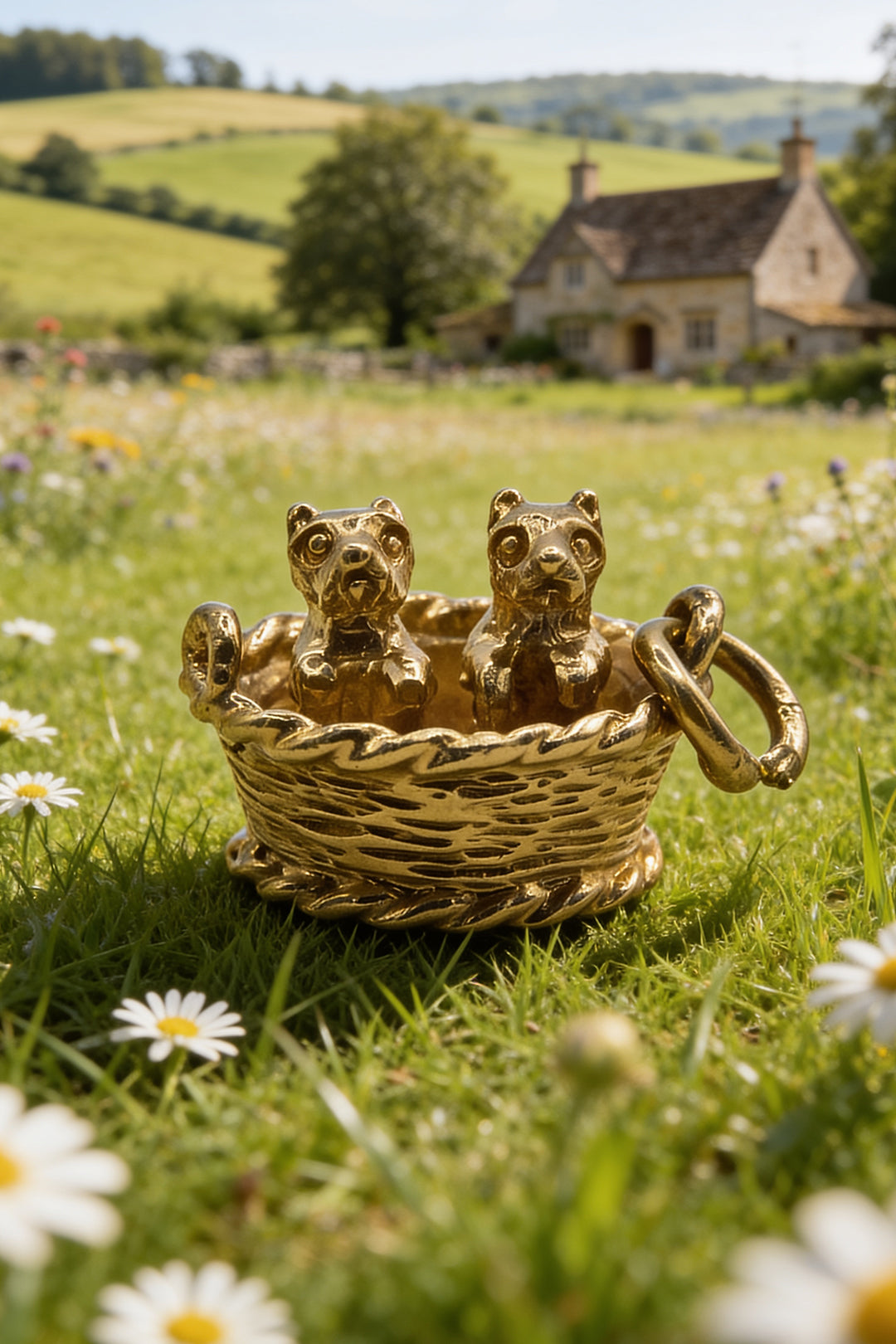 The Golden Basket of Puppy Love Vintage Charm (375 9ct gold, made in 1968)