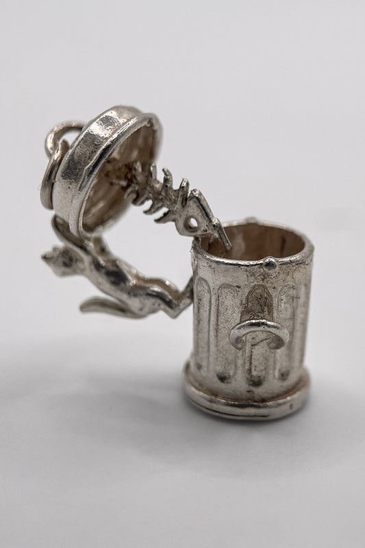 The Hungry and Mischievous Cat on the Opening Dustbin Vintage Charm (925 Sterling Silver, made circa 1950 - 1970)