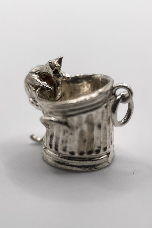 The Hungry Cat in a Trashcan Articulated Vintage Charm (925 Sterling Silver made c 1950s - 1970s)