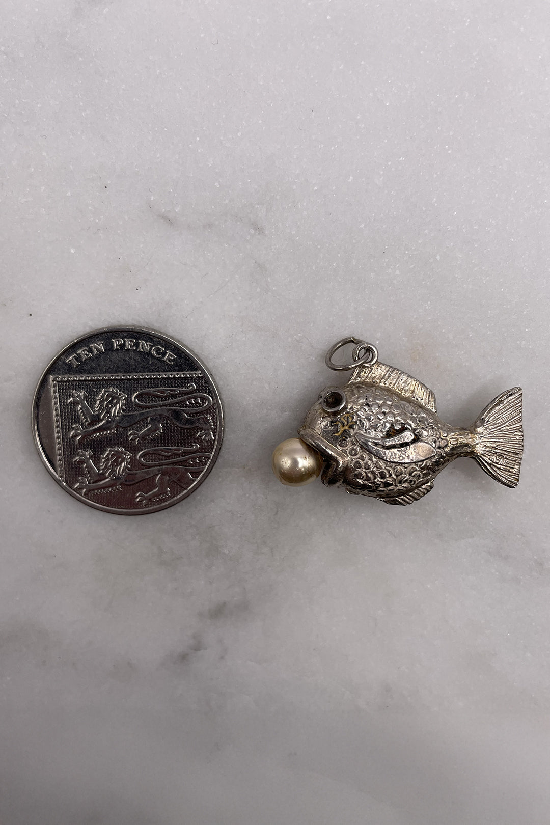 The Fish of the Sacred Pearl Vintage Charm (925 Sterling Silver, made circa 1950 - 1970)