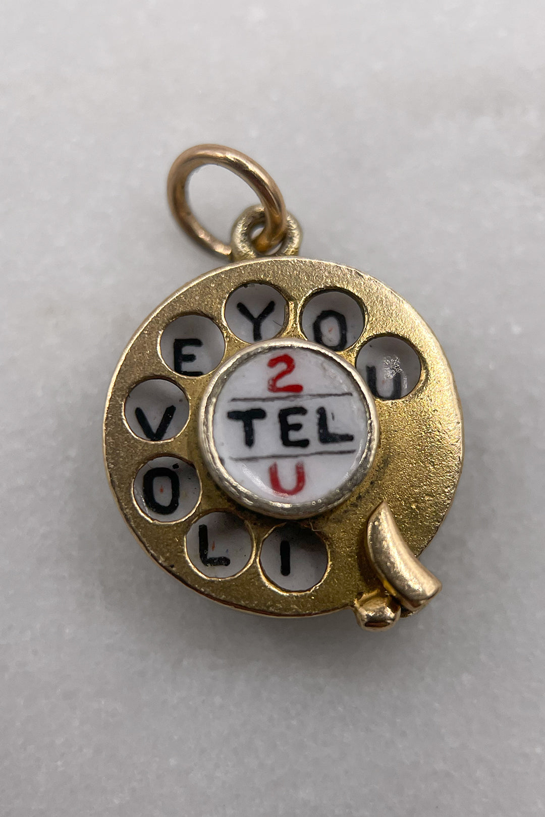 The "2 TEL U I LOVE YOU" Telephone Dial Articulated Vintage Charm (375 9ct gold, made in 1952)