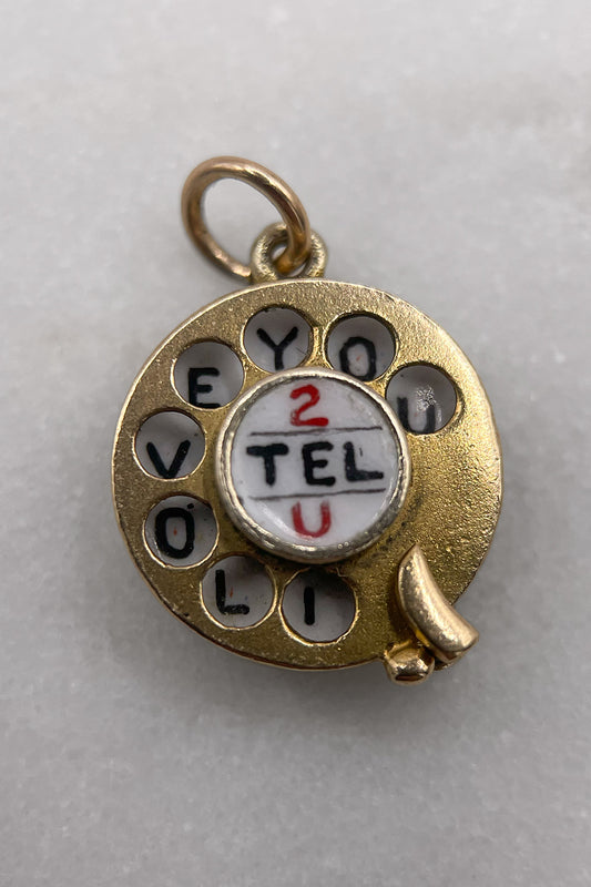 The "2 TEL U I LOVE YOU" Telephone Dial Articulated Vintage Charm (375 9ct gold, made in 1952)