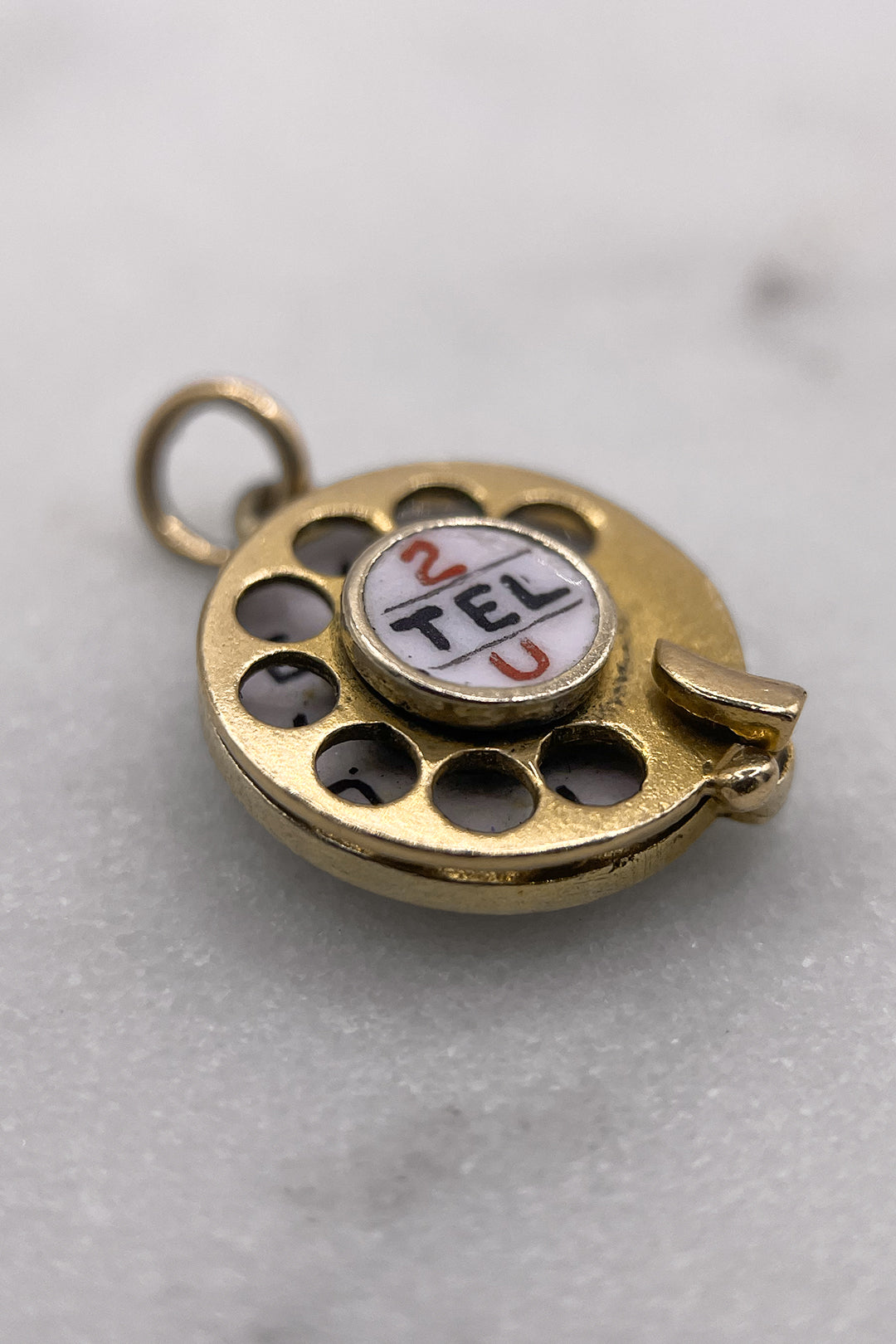 The "2 TEL U I LOVE YOU" Telephone Dial Articulated Vintage Charm (375 9ct gold, made in 1952)