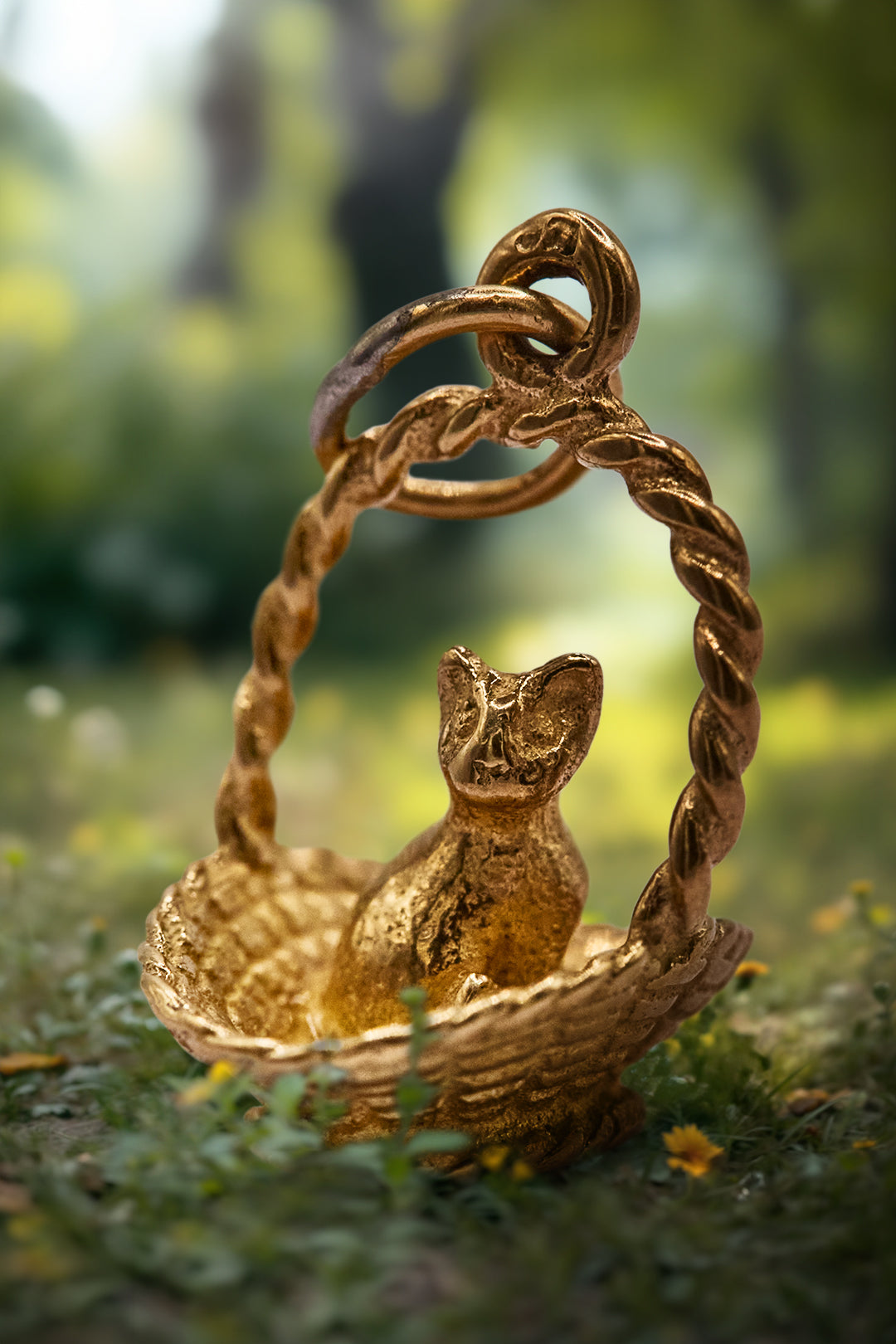 The Adorable Golden Cat in a Basket Vintage Charm (9ct 375 Gold)